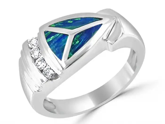 Bague Extase triangle insertions d'opales et diamants en or blanc 10k pour femme Meilleur Prix