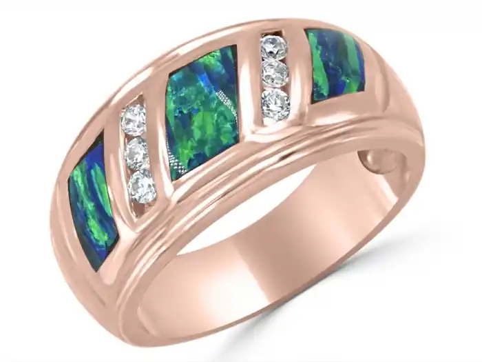 Vente Directe Bague Extase 9.5 mm triple insertion d'opale et double rangée de zircons en or rose 10k pour femme
