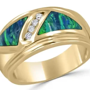 Réduction Bague Extase 10mm double insertion d'opale et diamants sertis rail en or jaune 14k pour femme