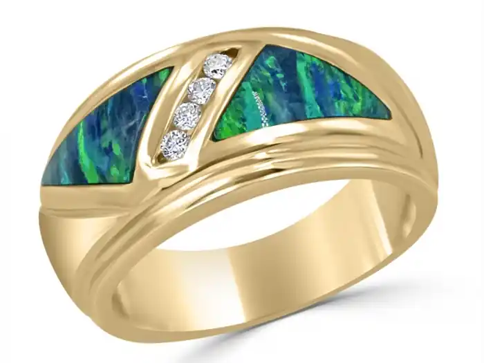 Réduction Bague Extase 10mm double insertion d'opale et diamants sertis rail en or jaune 14k pour femme