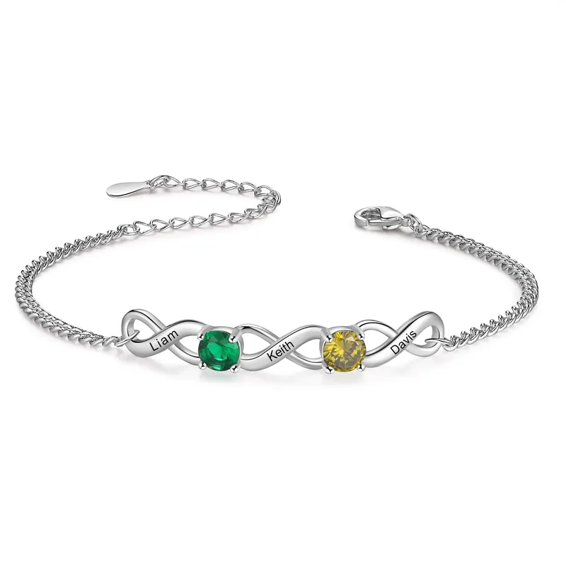 En Vogue Bracelet Infini 3 Prénoms Personnalisés avec 2 Pierres de Naissance pour Femme