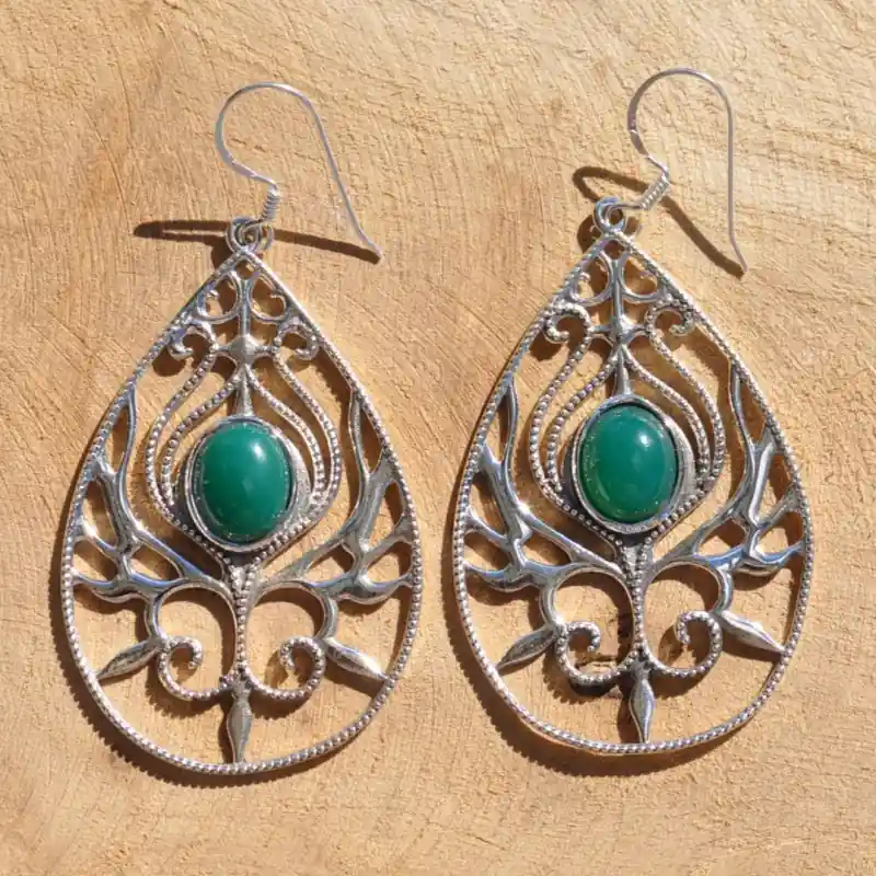 Achetez Aujourd’hui Grandes boucles d'oreilles argent goutte et pierre ovale en Agate verte (vert)