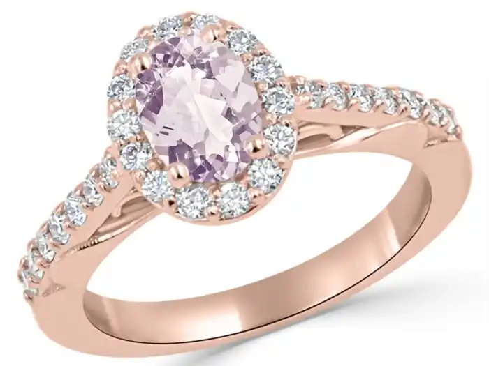 Acheter En Ligne Bague Maité bague améthyste ovale et halo de diamants avec fioritures en profile en or rose 14k
