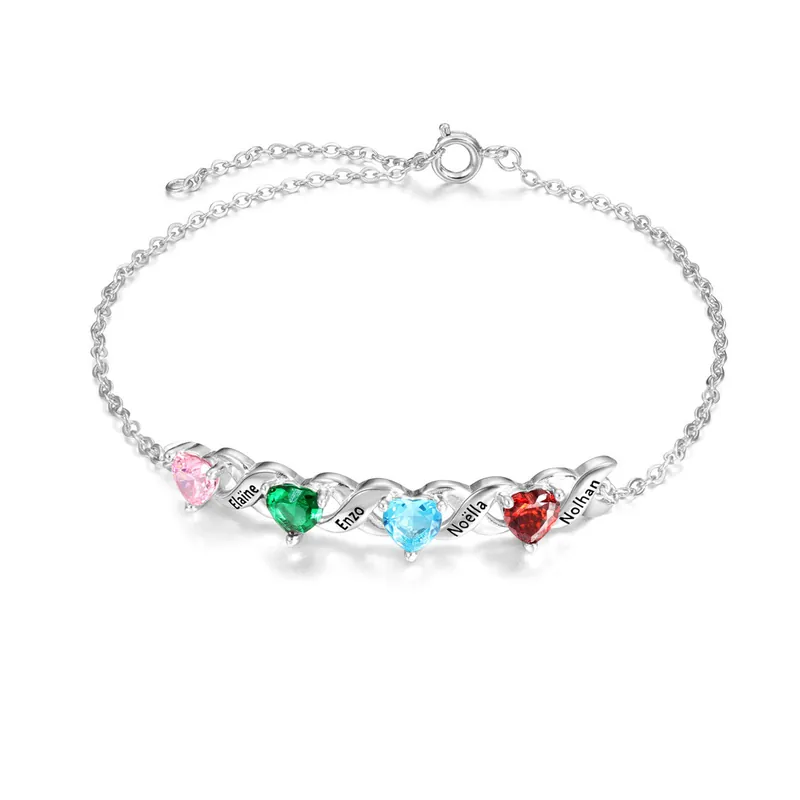 Bracelet à Breloque 4 Prénoms Personnalisé avec 4 Pierres de Naissance Prix Choc