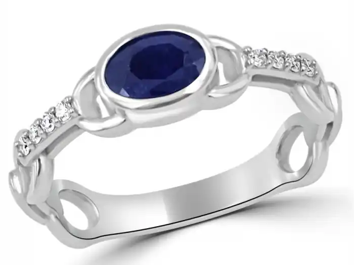 Bague Linka saphir bleu ovale et diamants design chaine en or blanc 14k pour femme Populaire