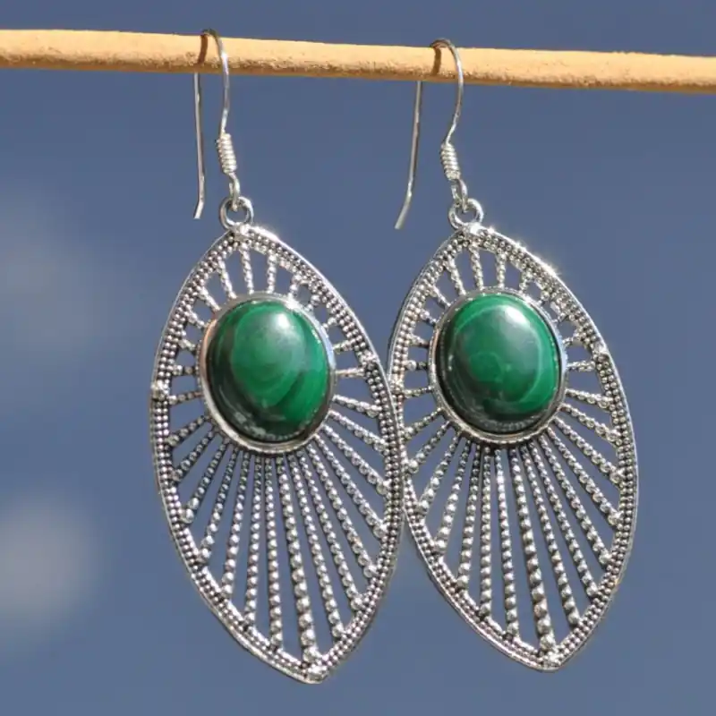 Longues boucles d'oreilles argent navette et pierre ovale en Malachite (vert) Soldes