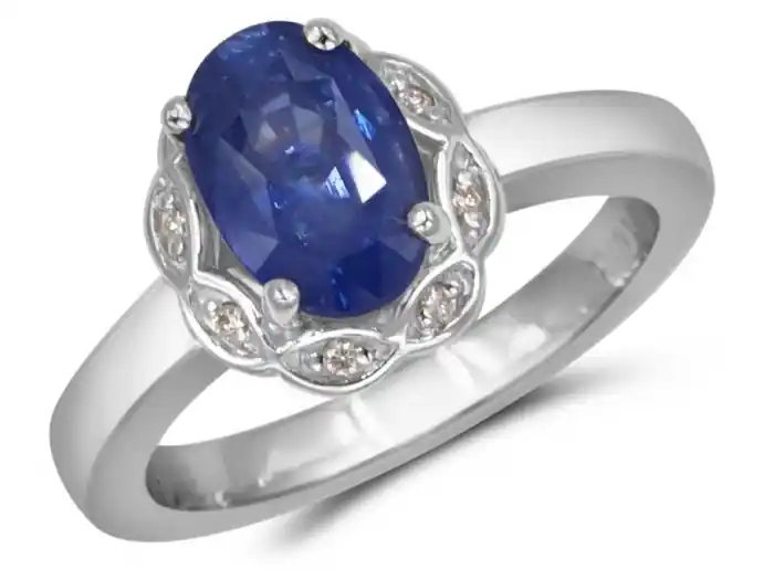 Bague Hariette saphir bleu ovale et halo marquises en diamants en or blanc 14k Solde