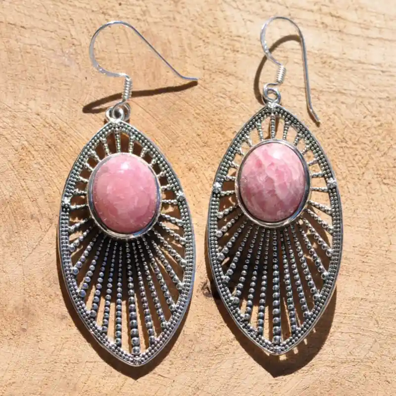 Longues boucles d'oreilles argent navette et pierre ovale en Rhodochrosite (rose) Meilleur Choix