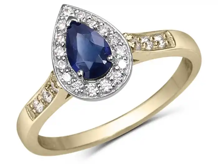 Quantité Limitée Bague Mahalia saphir taille poire et halo de diamants en or jaune et blanc 14k pour femme