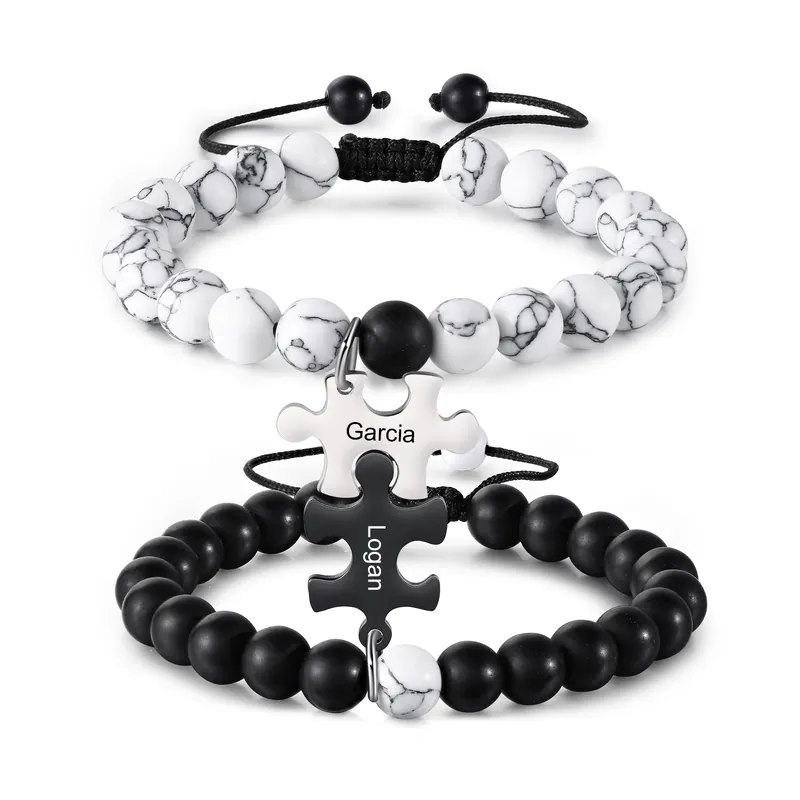 Livraison Mondiale 2PCS Bracelets puzzle 2 Prénoms Personnalisés pour Couple