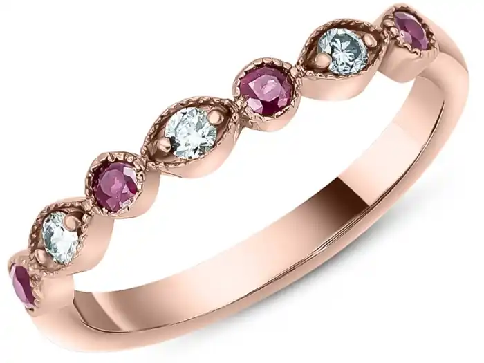 Commander Maintenant Jonc Cybèle semi-éternité vintage rubis et diamants en or rose 14k pour femme