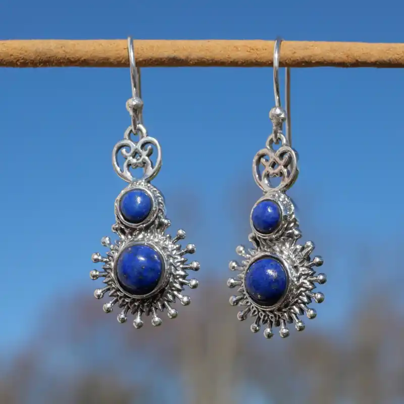 Boucles d'oreilles soleil argent et 2 pierres en Lapis lazuli (bleu) Soldes