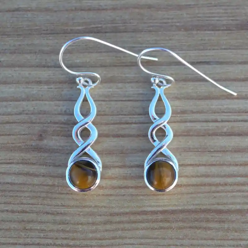 Marque Boucles torsadees en argent et pierre ronde en Oeil de tigre (brun)