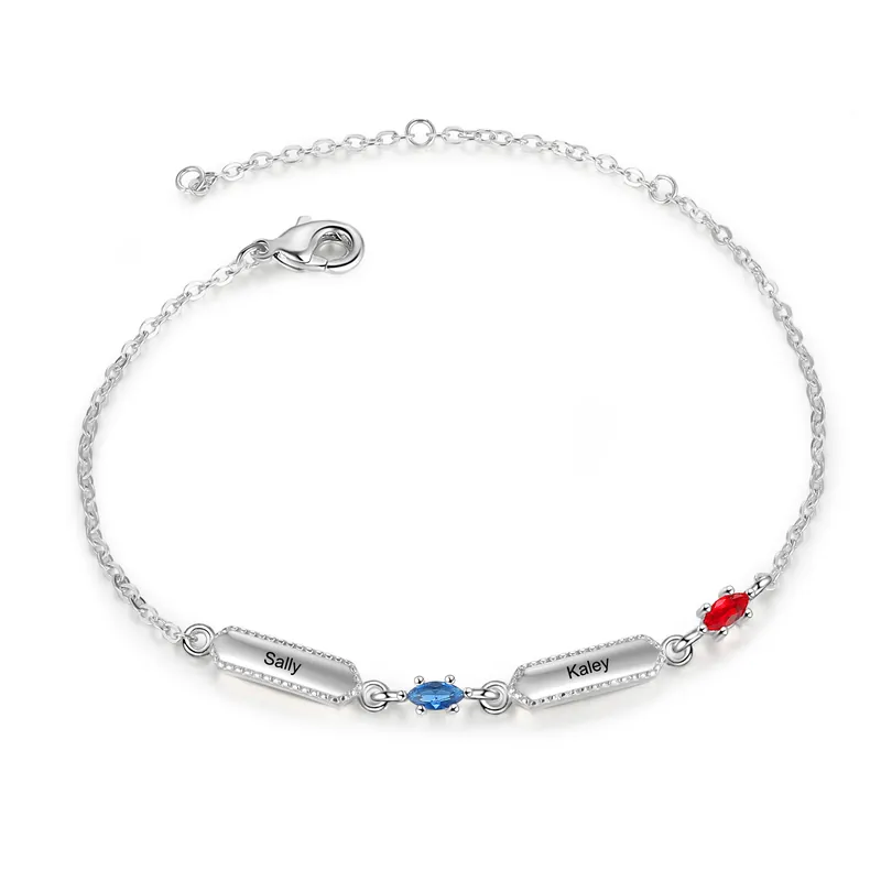 Top Qualité Bracelet 2 Prénoms Personnalisé avec 2 Pierres de Naissance