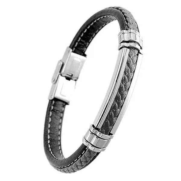 Bracelet pour homme - Acier 316 - Cuir noir Top Vente