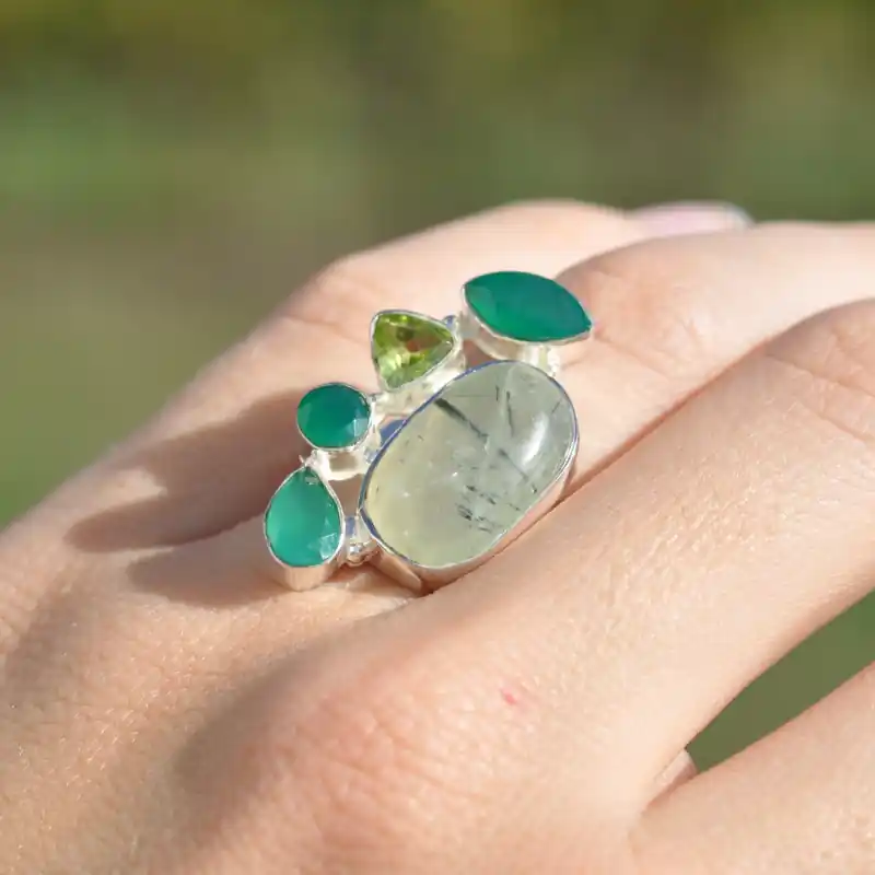 Top Vente Bague multipierres en argent Prehnite Agate verte et Peridot (vert) T52