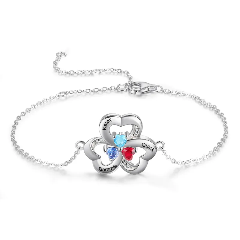 Bracelet en argent 925 3 Prénom Personnalisé avec 3 Pierre de Naissance Tendance