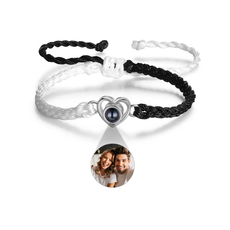 Acheter En Ligne Bracelet Projection de Pierres Cœur 1 Photo Personnalisée Bracelet Noir et Blanc pour Couple