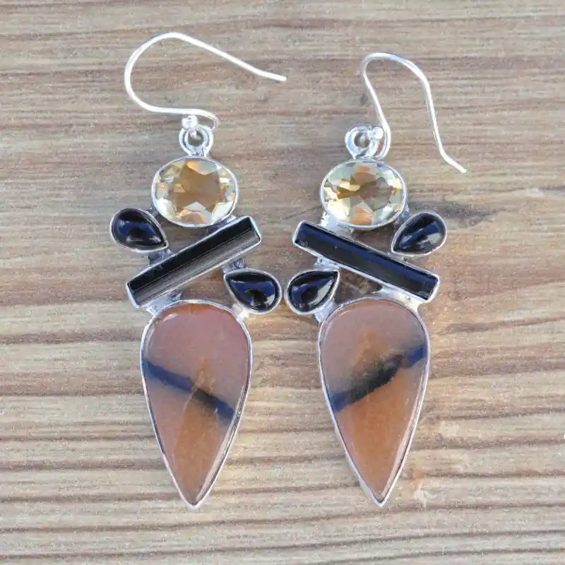 Grandes boucles argent et 5 pierres Calcite Onyx Citrine et Tourmaline (orange) (jaune) (noir) Marque
