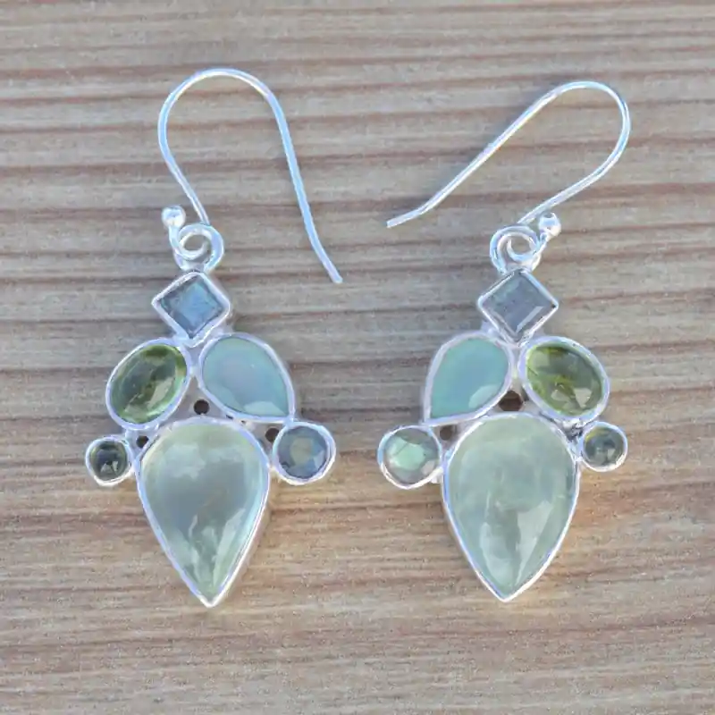 Boucles en argent et 6 pierres Prehnite Calcedoine Labradorite et Peridot (vert) Promotion Saisonnière