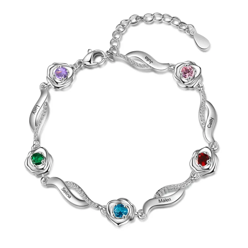 Prix Cassé Bracelet Roses 5 Prénom Personnalisé avec 5 Pierre de Naissance cadeau pour femme anniversaire | Jessemade