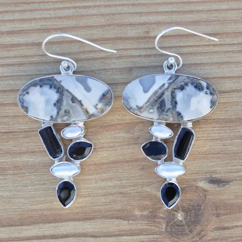 Original Grandes boucles argent et 6 pierres Jaspe Malinga Onyx noir et Perle (gris) (noir) (blanc)