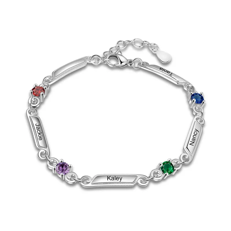 Premium Bracelet 4 Prénoms Personnalisés avec 4 Pierres de Naissance