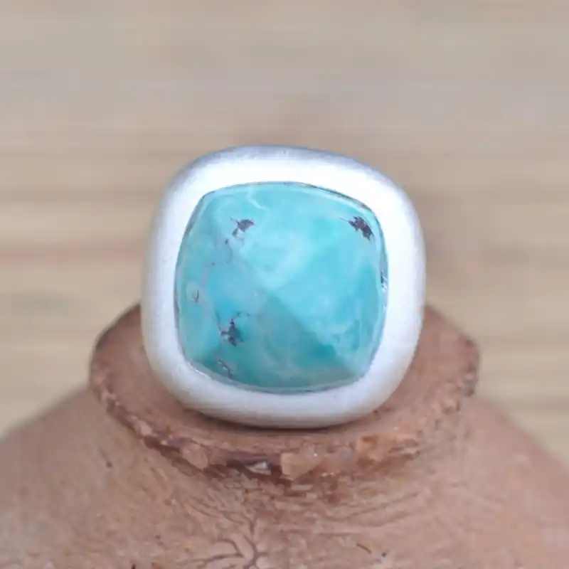 Bague carree argent brosse et pierre Turquoise (bleu) T53 En Vogue