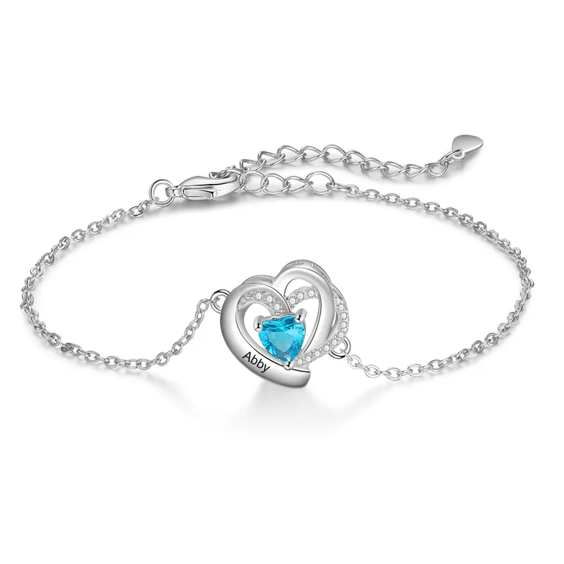Bracelet Cœur 1 Prénom Personnalisé avec Pierres de Naissance pour Femme Haute Qualité
