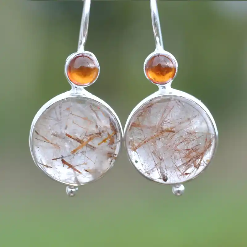 Réduction Boucles d'oreilles argent et 2 pierres rondes en Quartz rutile et Grenat hessonite (orange)