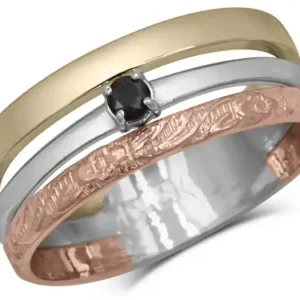 Vente Flash Bague Concerto solitaire diamant noir design gravures en or 10k trois tons