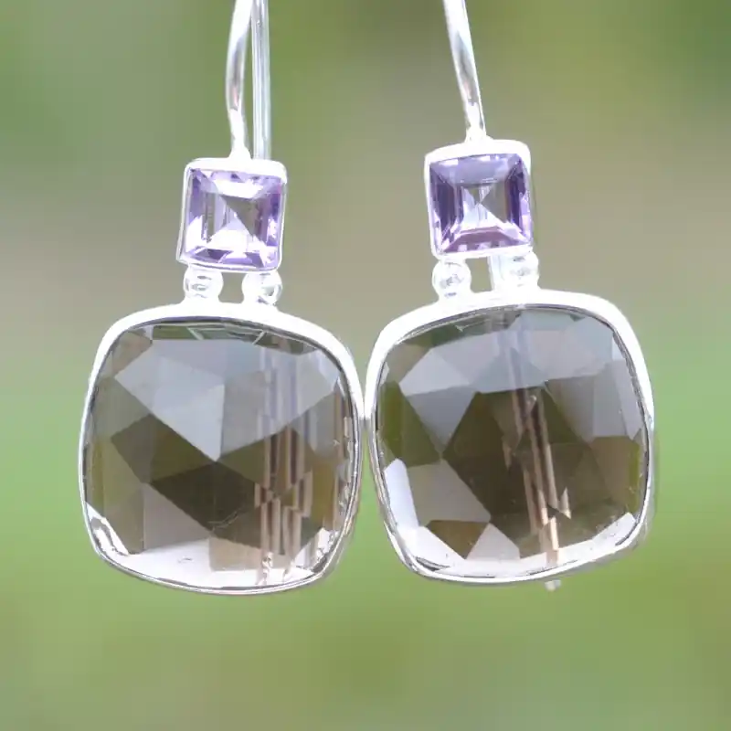 Artisanat Boucles d'oreilles argent et 2 pierres Quartz fume et Amethyste (brun) (violet)