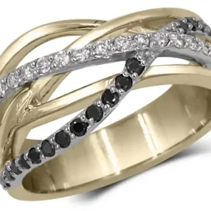 Premium Bague Delta diamants blanc et noirs en or 10k jaune et blanc pour femmes