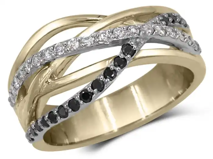 Premium Bague Delta diamants blanc et noirs en or 10k jaune et blanc pour femmes
