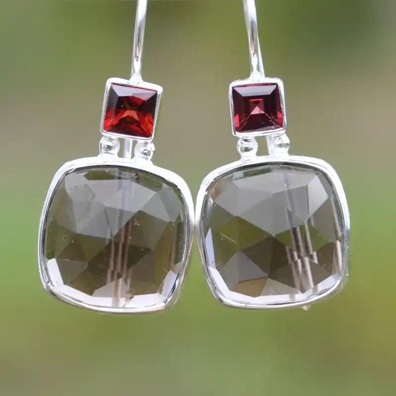 Boucles d'oreilles argent et 2 pierres Quartz fume et Grenat (brun) (rouge) Offre Du Jour