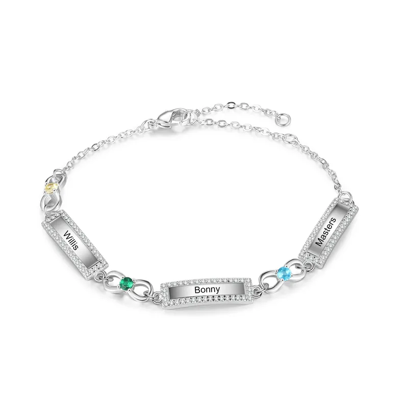 Marque Bracelet 3 Prénoms Personnalisé avec 3 Pierres de Naissance