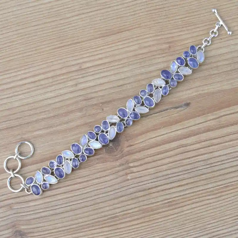 Bracelet 2 rangs argent et 46 pierres en Tanzanite et Pierre de lune (violet) (blanc) Édition Limitée