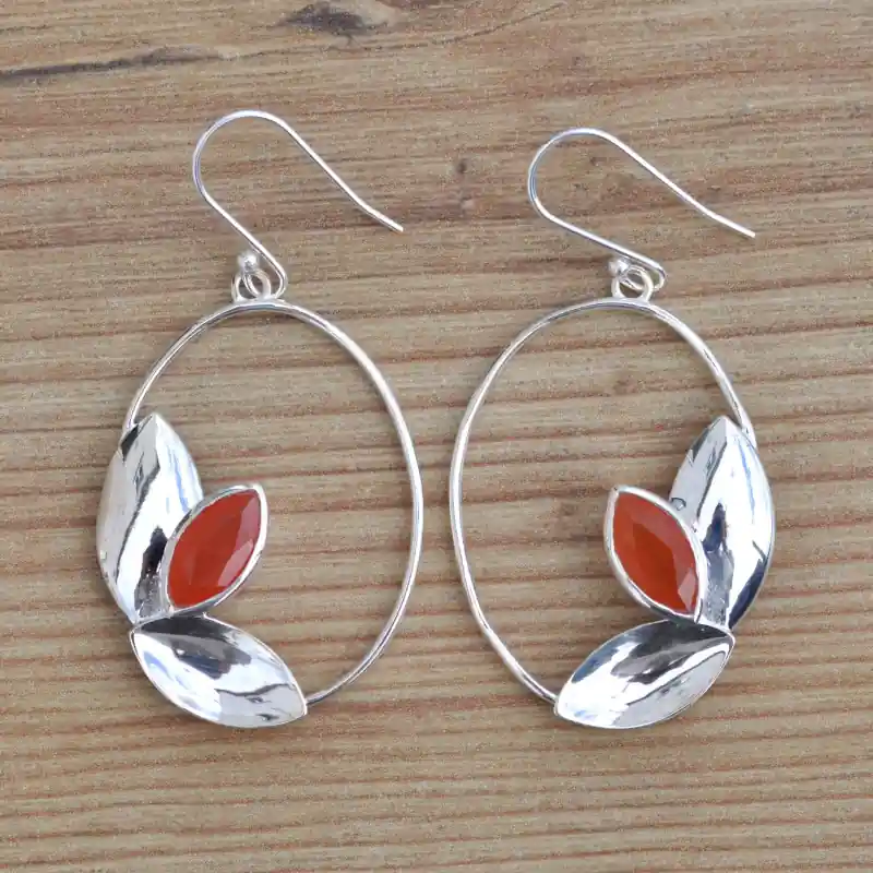Grandes boucles ovales ajourees argent et pierre Cornaline (orange) Vente Flash