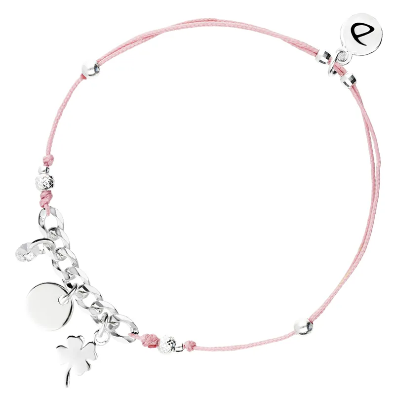 BRACELET CORDON MAILLE ROCK OXYDE PASTILLE TRÈFLE ROSE Argent 925 Gravable Édition Limitée