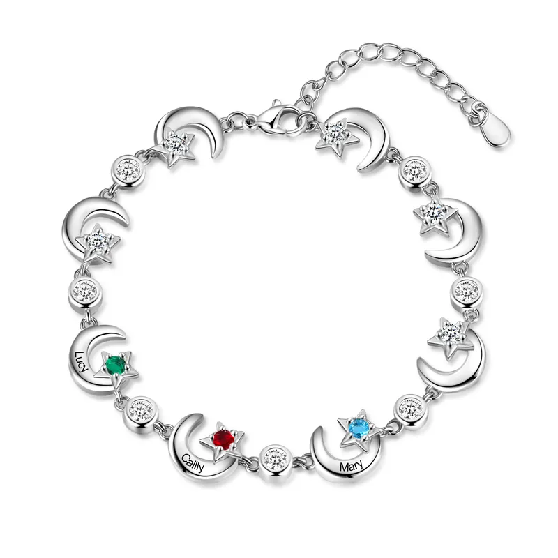 Bracelet Lune 3 Prénom Personnalisé avec 3 Pierre de Naissance Must-Have