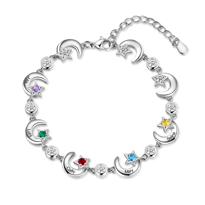 Bracelet Lune 5 Prénom Personnalisé avec 5 Pierre de Naissance Remise