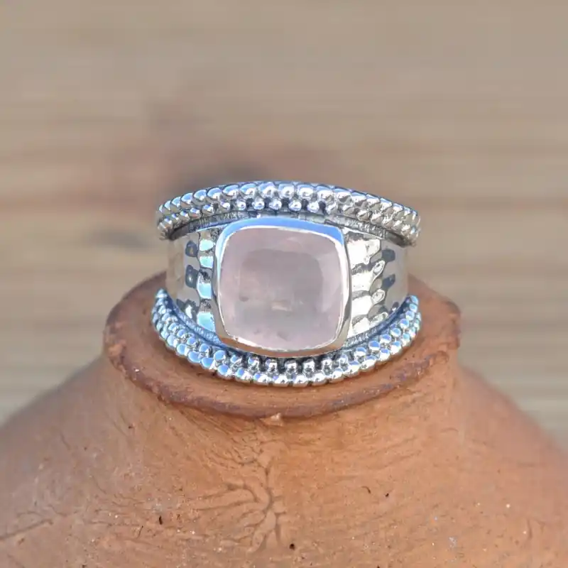 Fait Main Anneau argent martele et pierre carree Quartz rose (rose) T55\\/57\\/58\\/60