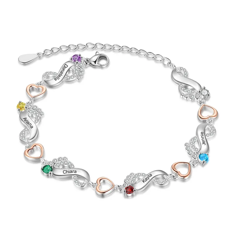 Bracelet Pied bébé et Cœur Personnalisé avec 5 Prénoms et Pierres de naissance Bracelet pour Femme | Jessemade Prix Bas
