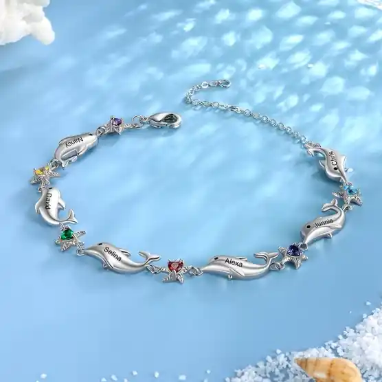 Bracelet Dauphin6 Prénom Personnalisé avec 6 Pierre de Naissance Achat Immédiat