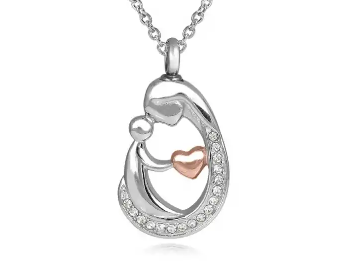 Pendentif pour cendres mère et son enfant en acier inoxydable cœur rose et ligne de cubic zirconium Prix Promo