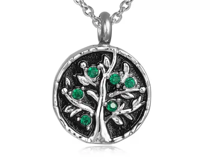 Livraison Express Pendentif reliquaire médaillon arbre de vie embossé antique zircons verts en acier inoxydable