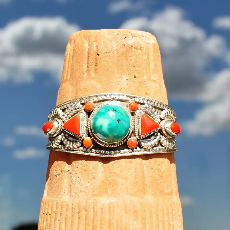 Garantie Incluse Bracelet rigide ouvert en argent 11 pierres en Corail et Turquoise(rouge) (bleu)