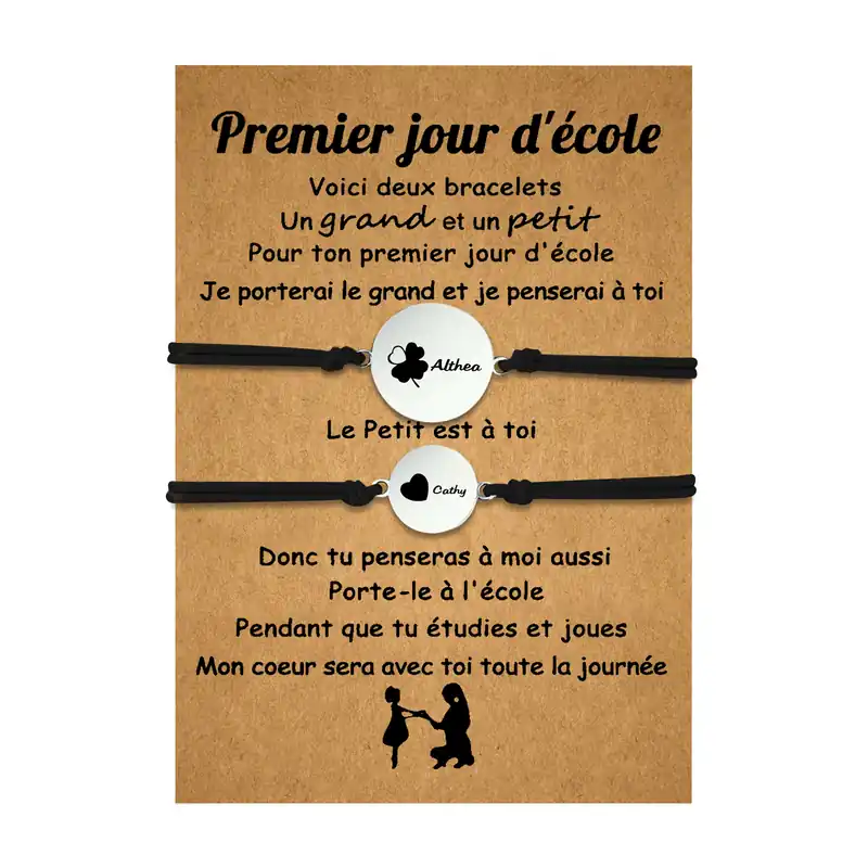 Édition Limitée 2PCS Ensemble de Bracelets Trèfle 2 Prénoms Personnalisés Corde élastiques - Cadeau Rentrée Scolaire Premier jour d’école