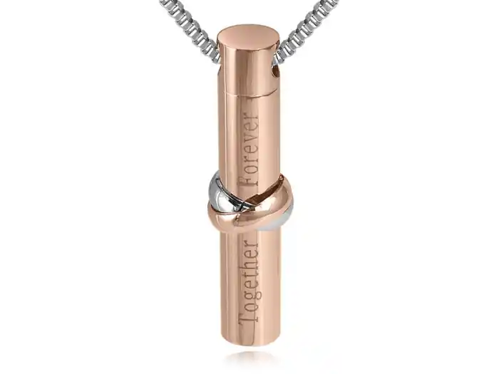 Pendentif pour cendres cylindre en acier inoxydable rose gold inscription « together forever » et anneaux deux tons Fait Main