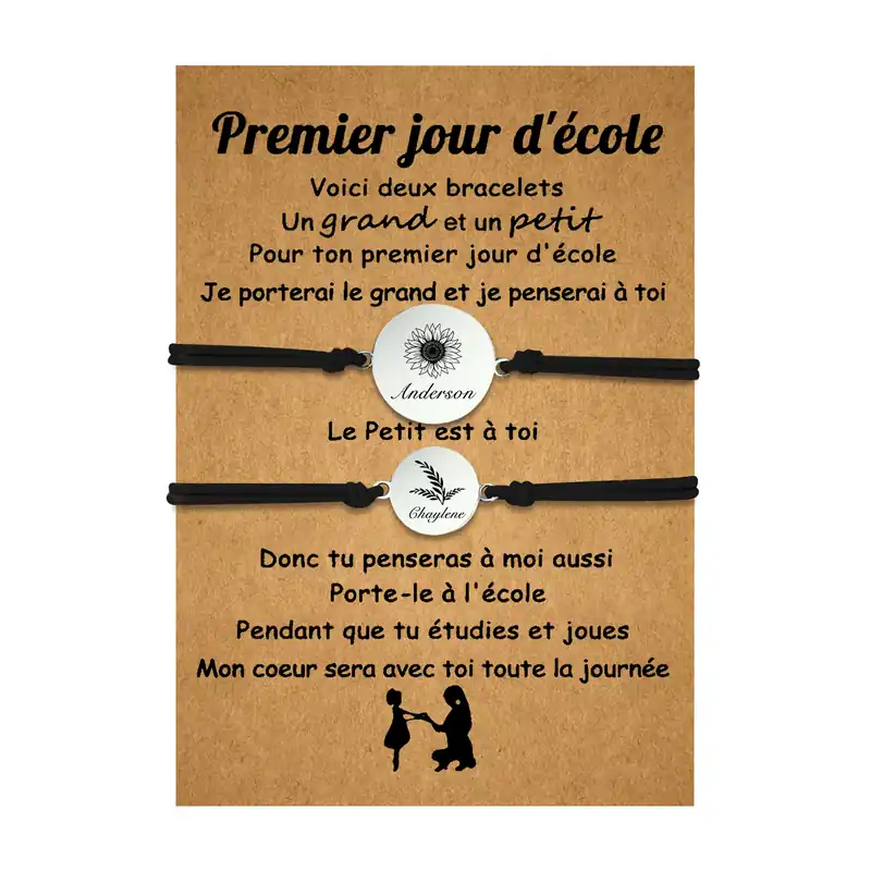 2PCS Ensemble de Bracelets Tournesol 2 Prénoms Personnalisés Corde élastiques - Cadeau Rentrée Scolaire Premier jour d’école Livraison Express